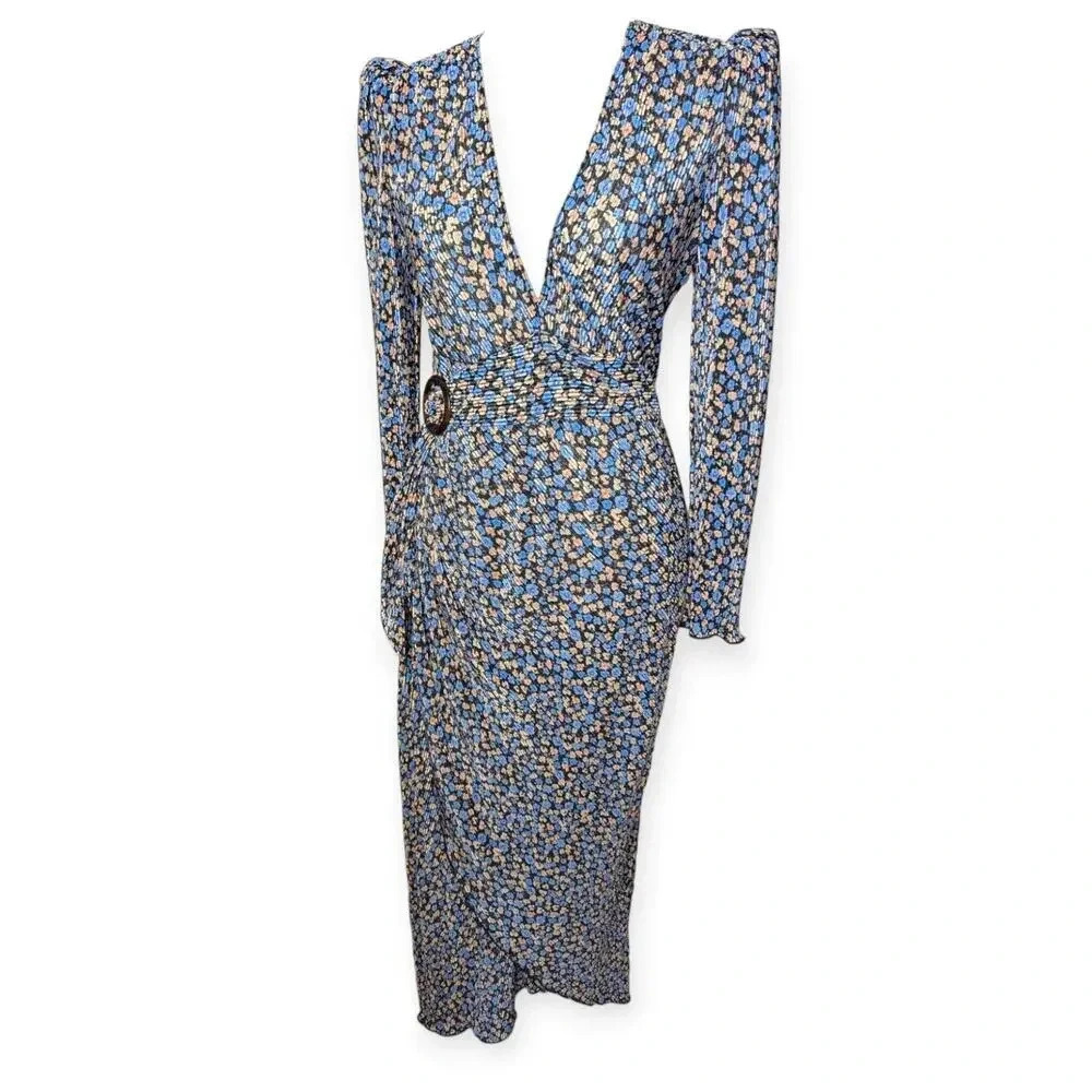 Saylor Ditsy Floral Midi Dress Blue Deep V-Neck High Slit Long Sleeves